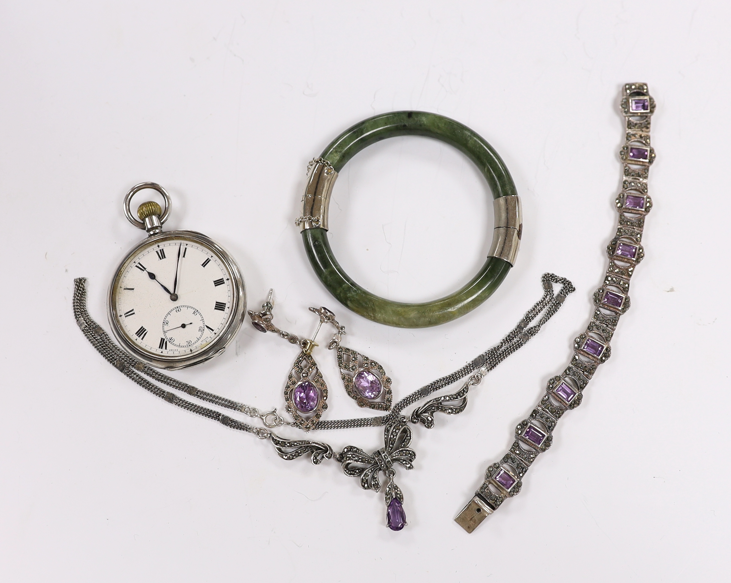 A Georg V silver Zenith open face keyless pocket watch, with Roman dial and subsidiary seconds, a 925, amethyst and marcasite set suite of jewellery and a white metal mounted jade bangle(a.f.).